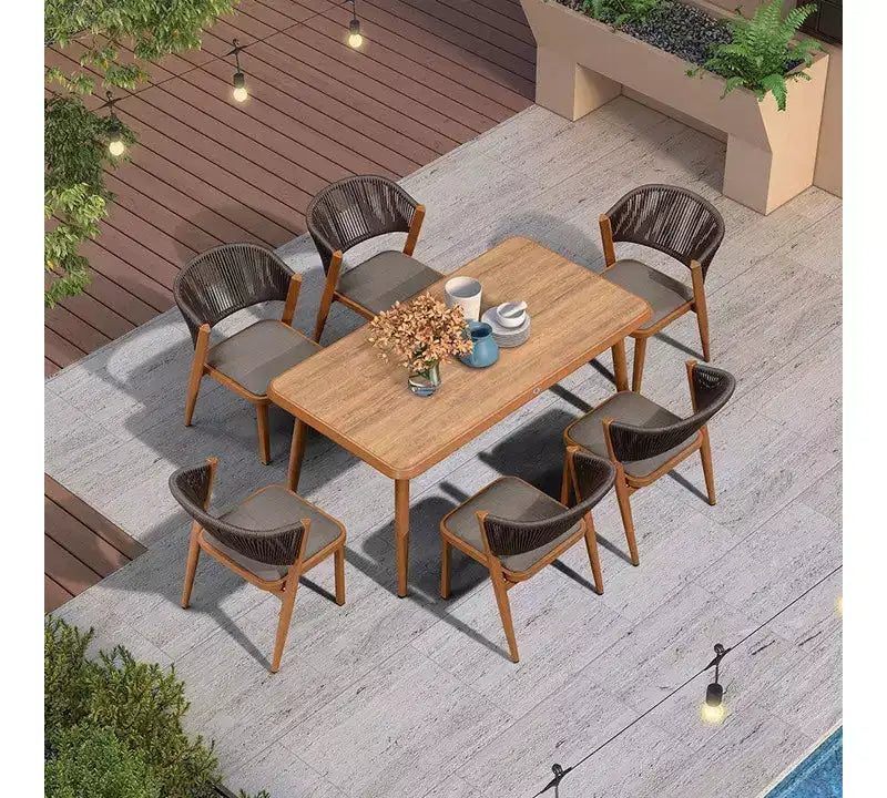 Ensemble de salle à manger d'extérieur PURPLE LEAF en osier tout temps avec table, cadre entièrement en aluminium pour pelouse, jardin, terrasse avec coussins