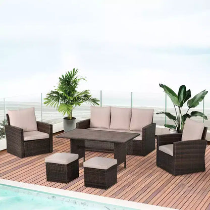 Outsunny Set da Pranzo per Esterni 6 Pezzi, Set di Mobili in Rattan Intrecciato Resistente alle Intemperie con Tavolo con Piano Effetto Legno e Cuscini Morbidi
