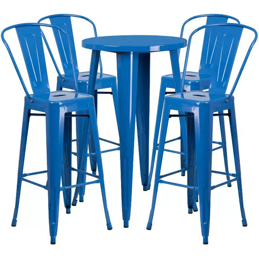 Merrick Lane Outdoor Dining Set with 24 Round Table and Slatted Back Bar Stools with Footrests