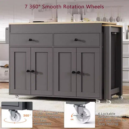 Isola da Cucina da 189 cm con Tavolo da Pranzo Estensibile, Carrello con 4 Armadietti, 2 Cassetti, Porta Spezie, Ripiani Regolabili