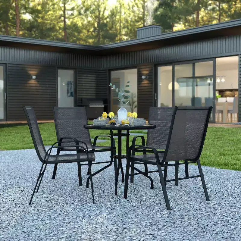 Flash Furniture Ensemble de salle à manger d'extérieur 5 pièces – Table de patio en verre trempé, 4 chaises empilables Flex Comfort