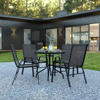 Flash Furniture Ensemble de salle à manger d'extérieur 5 pièces – Table de patio en verre trempé, 4 chaises empilables Flex Comfort