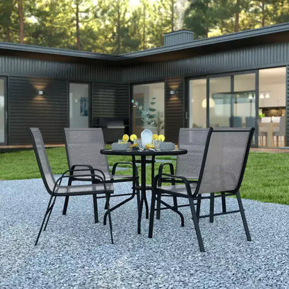 Flash Furniture Ensemble de salle à manger d'extérieur 5 pièces – Table de patio en verre trempé, 4 chaises empilables Flex Comfort