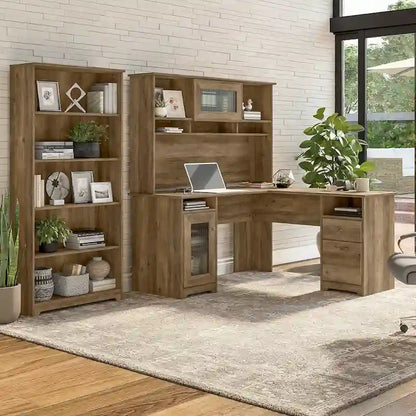 Bureau d'ordinateur en L de 60 pouces avec huche, bibliothèque à 5 étagères et tiroir classeur, capacité de 200 lb sur le bureau
