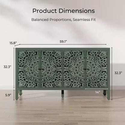 Credenza Buffet con Mobile Contenitore, Mobile Contenitore Effetto Invecchiato con 4 Ante Intagliate e Ripiano Regolabile, Credenze Buffet Laterali in Legno