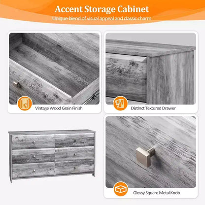 VINGLI Comò grigio lavato, Comò a 6 cassetti, Comò lungo 136 cm con frontale cassetto testurizzato, Cassettiera in legno grigio