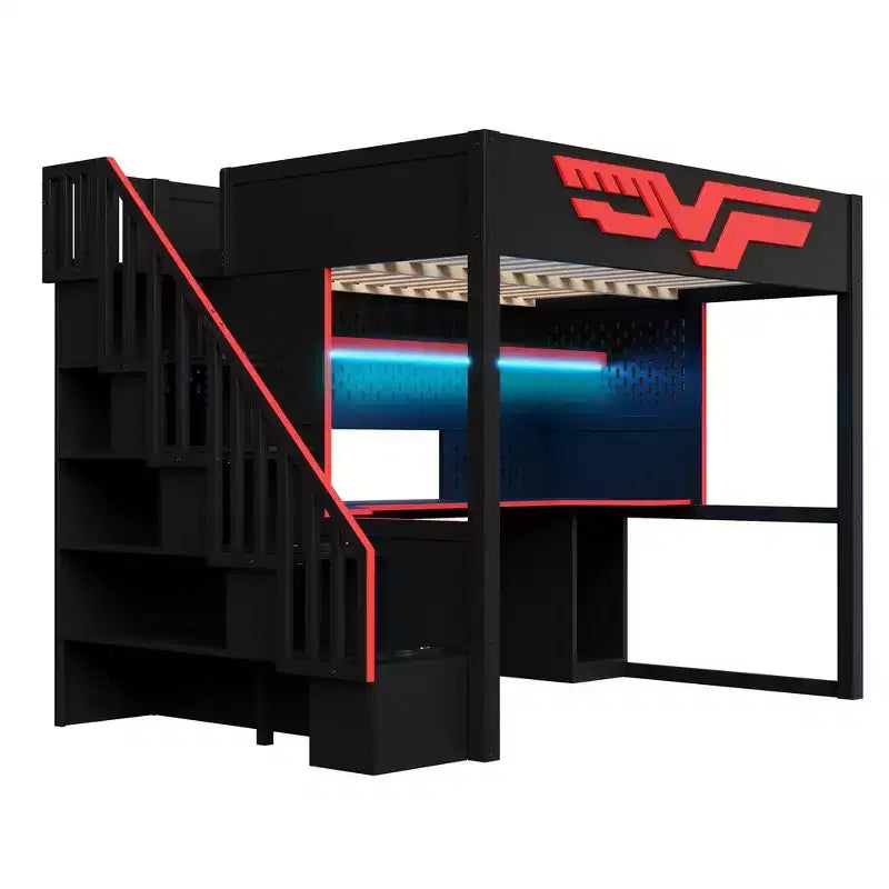 Lit superposé pleine grandeur Whisen avec bureau et escalier de rangement – Rouge et noir