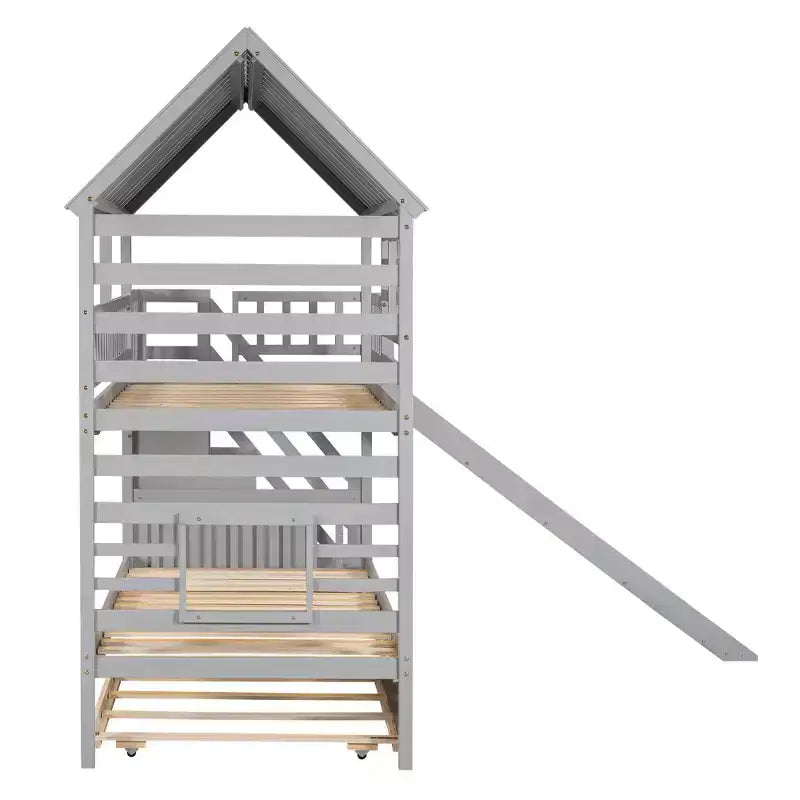 Letto a Castello Whisen Twin over Twin con Letto Estraibile e Scivolo, Scala Contenitore, Design Tetto e Finestra