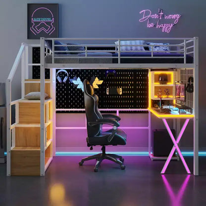 Lit mezzanine en métal Whisen 94''L x 40.9''W avec poste de travail intégré, armoire, escalier de rangement et LED, sécurité garantie
