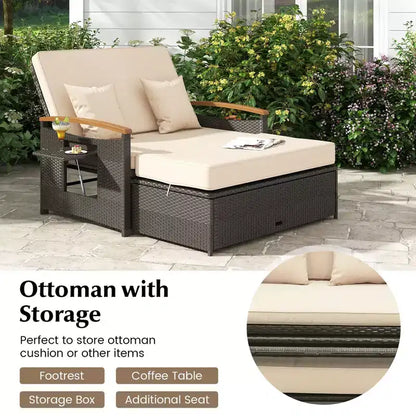 Set divano letto in rattan per esterni Costway con divanetto imbottito e poggiapiedi contenitore per veranda Beige/Blu marino/Rosso/Turchese/Nero/Grigio