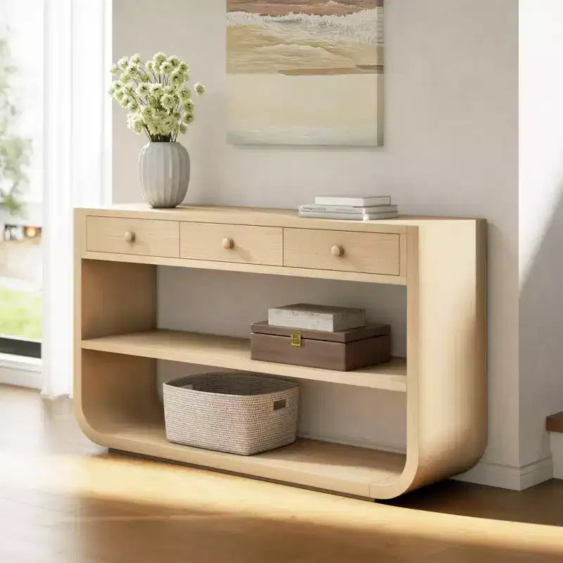 ModernLuxe Tavolo curvo da ingresso, Tavolo consolle, Tavolino da divano, Espositore, Tavolino d'appoggio con 3 cassetti a chiusura ammortizzata e 2 ripiani aperti