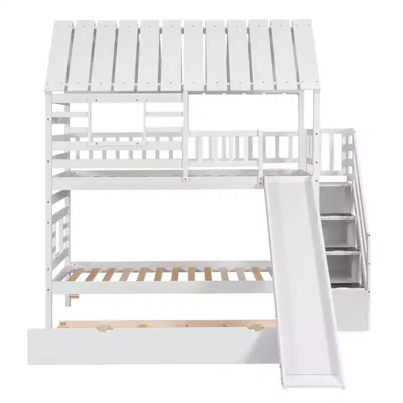 Letto a Castello Whisen Twin over Twin con Letto Estraibile e Scivolo, Scala Contenitore, Design Tetto e Finestra