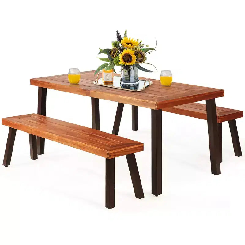Ensemble table de pique-nique 3 pièces Costway, table et banc en bois d'acacia avec pieds en acier, pour terrasse extérieure