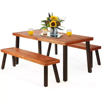 Ensemble table de pique-nique 3 pièces Costway, table et banc en bois d'acacia avec pieds en acier, pour terrasse extérieure