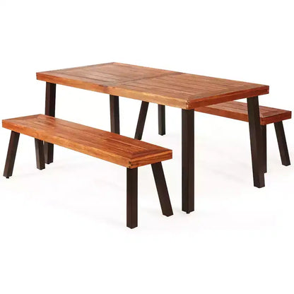 Ensemble table de pique-nique 3 pièces Costway, table et banc en bois d'acacia avec pieds en acier, pour terrasse extérieure