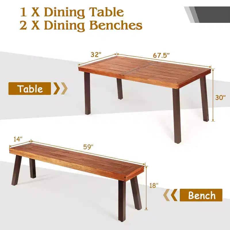 Ensemble table de pique-nique 3 pièces Costway, table et banc en bois d'acacia avec pieds en acier, pour terrasse extérieure