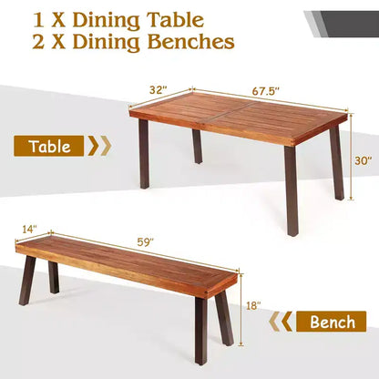 Ensemble table de pique-nique 3 pièces Costway, table et banc en bois d'acacia avec pieds en acier, pour terrasse extérieure