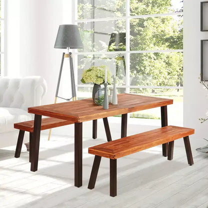 Ensemble table de pique-nique 3 pièces Costway, table et banc en bois d'acacia avec pieds en acier, pour terrasse extérieure
