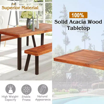 Ensemble table de pique-nique 3 pièces Costway, table et banc en bois d'acacia avec pieds en acier, pour terrasse extérieure