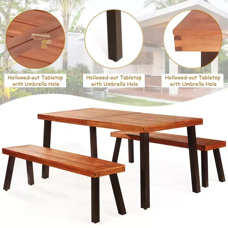 Ensemble table de pique-nique 3 pièces Costway, table et banc en bois d'acacia avec pieds en acier, pour terrasse extérieure