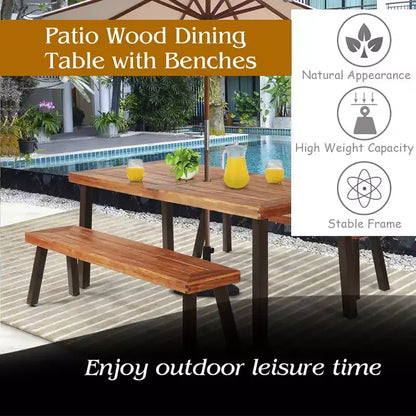 Ensemble table de pique-nique 3 pièces Costway, table et banc en bois d'acacia avec pieds en acier, pour terrasse extérieure