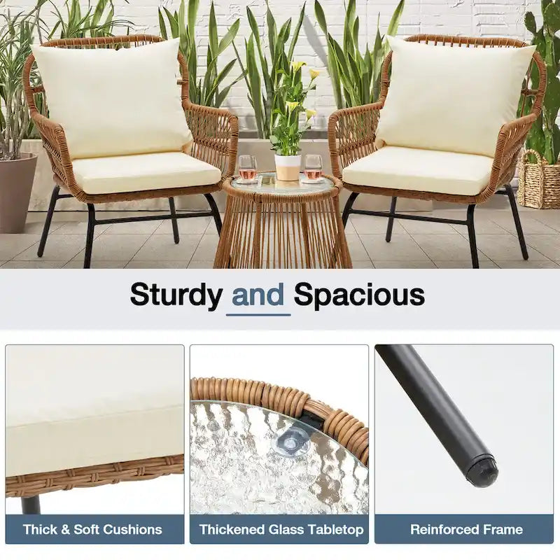 Set da Bistrot da Esterno in Rattan da 3 Pezzi, Set di Mobili da Giardino con Tavolo in Vetro e 2 Ampie Poltrone, Cuscini Inclusi