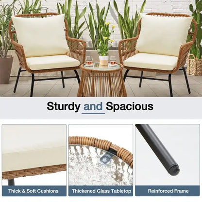 Set da Bistrot da Esterno in Rattan da 3 Pezzi, Set di Mobili da Giardino con Tavolo in Vetro e 2 Ampie Poltrone, Cuscini Inclusi