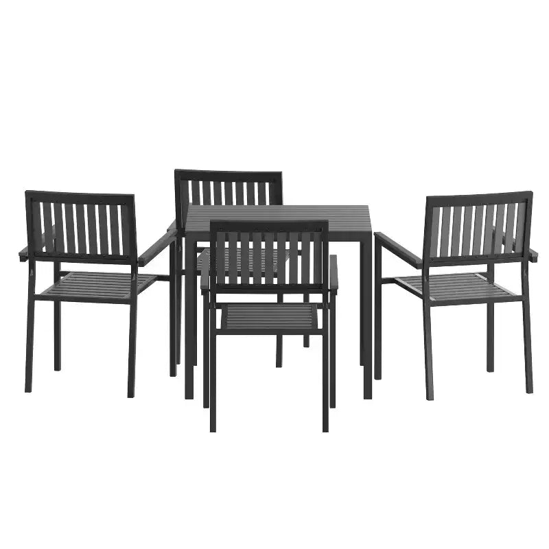 Flash Furniture Harris - Ensemble de 5 pièces de table et chaises commerciales intérieures/extérieures avec dossiers et assises à lattes en résine noire