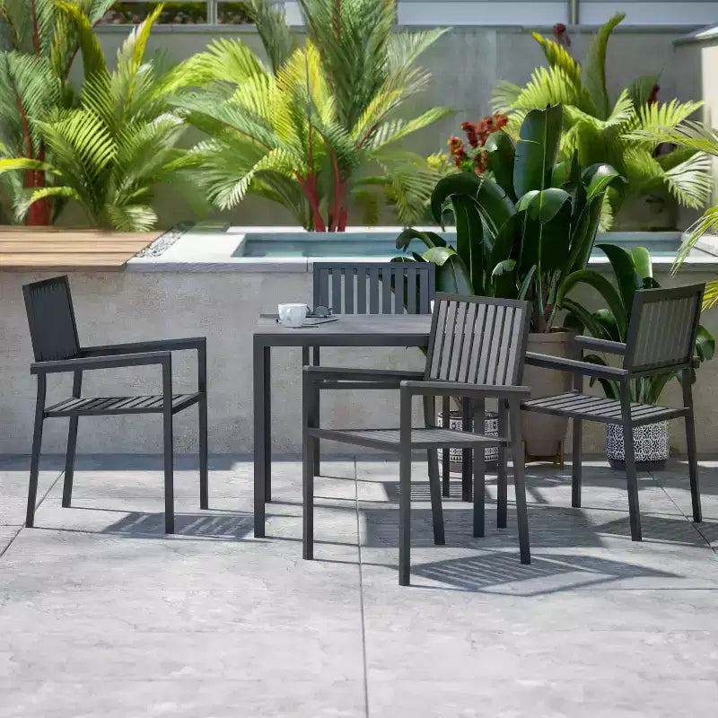 Flash Furniture Harris - Ensemble de 5 pièces de table et chaises commerciales intérieures/extérieures avec dossiers et assises à lattes en résine noire