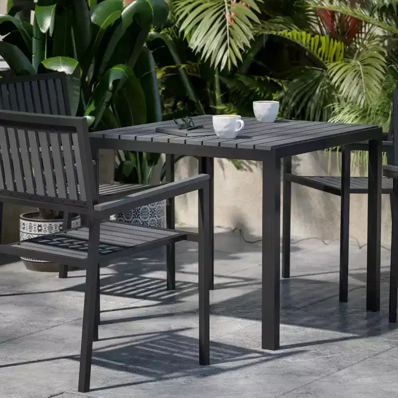 Flash Furniture Harris - Ensemble de 5 pièces de table et chaises commerciales intérieures/extérieures avec dossiers et assises à lattes en résine noire