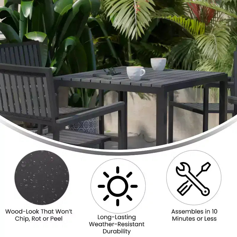 Flash Furniture Harris - Ensemble de 5 pièces de table et chaises commerciales intérieures/extérieures avec dossiers et assises à lattes en résine noire