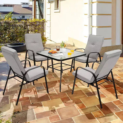 Ensemble de salle à manger Costway 6 pièces pour terrasse avec chaises empilables, table en verre rembourrée et parasol