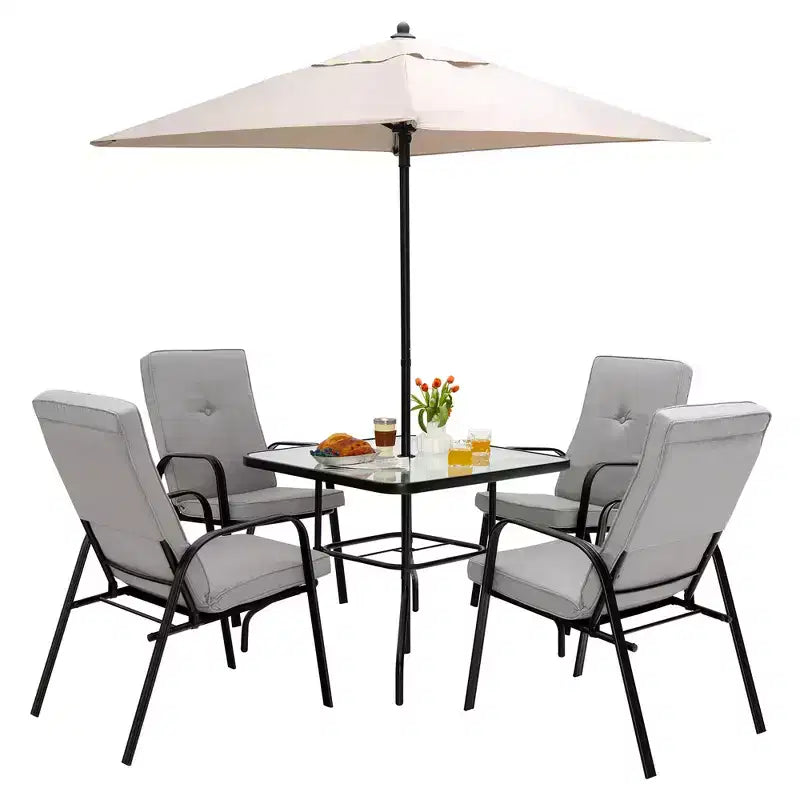 Ensemble de salle à manger Costway 6 pièces pour terrasse avec chaises empilables, table en verre rembourrée et parasol