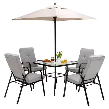 Ensemble de salle à manger Costway 6 pièces pour terrasse avec chaises empilables, table en verre rembourrée et parasol