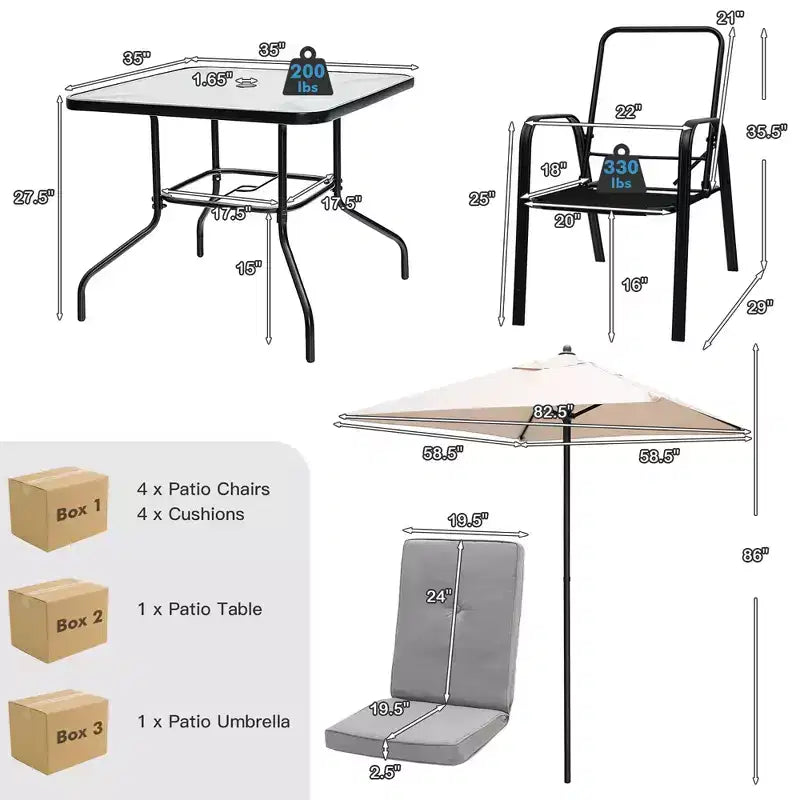 Ensemble de salle à manger Costway 6 pièces pour terrasse avec chaises empilables, table en verre rembourrée et parasol