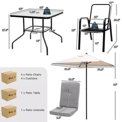 Ensemble de salle à manger Costway 6 pièces pour terrasse avec chaises empilables, table en verre rembourrée et parasol