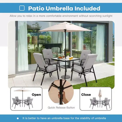 Ensemble de salle à manger Costway 6 pièces pour terrasse avec chaises empilables, table en verre rembourrée et parasol