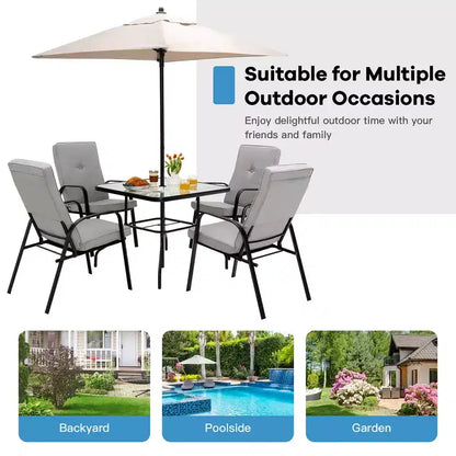 Ensemble de salle à manger Costway 6 pièces pour terrasse avec chaises empilables, table en verre rembourrée et parasol
