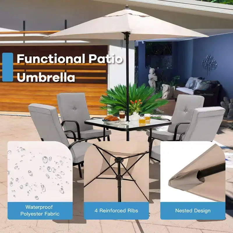 Ensemble de salle à manger Costway 6 pièces pour terrasse avec chaises empilables, table en verre rembourrée et parasol