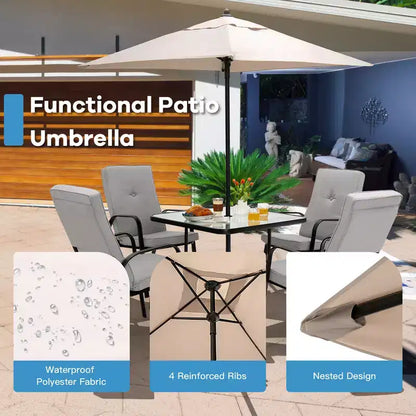 Ensemble de salle à manger Costway 6 pièces pour terrasse avec chaises empilables, table en verre rembourrée et parasol