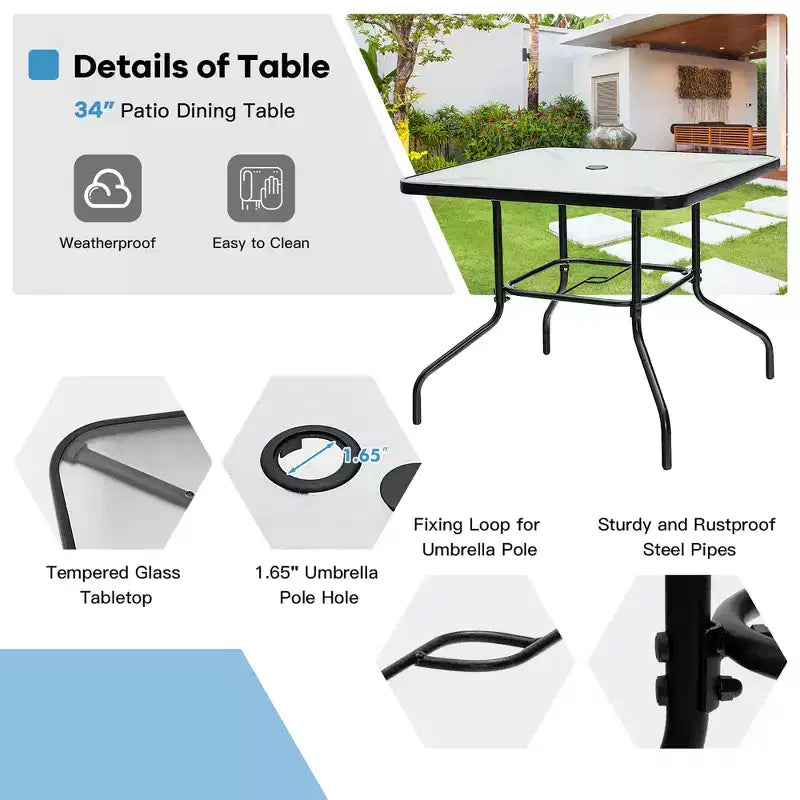 Ensemble de salle à manger Costway 6 pièces pour terrasse avec chaises empilables, table en verre rembourrée et parasol