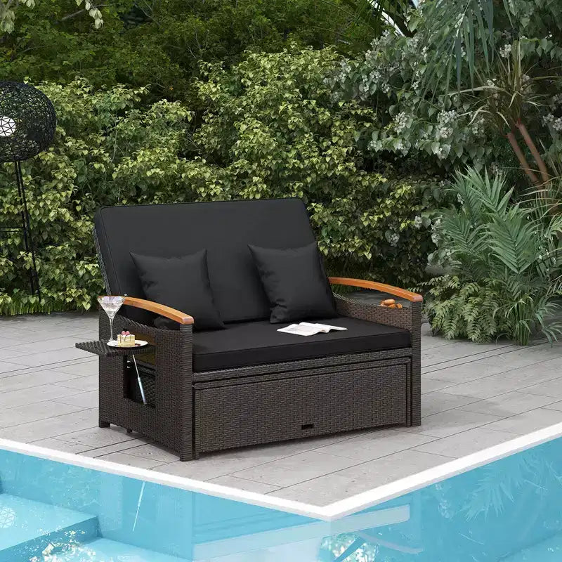 Set divano letto in rattan per esterni Costway con divanetto imbottito e poggiapiedi contenitore per veranda Beige/Blu marino/Rosso/Turchese/Nero/Grigio
