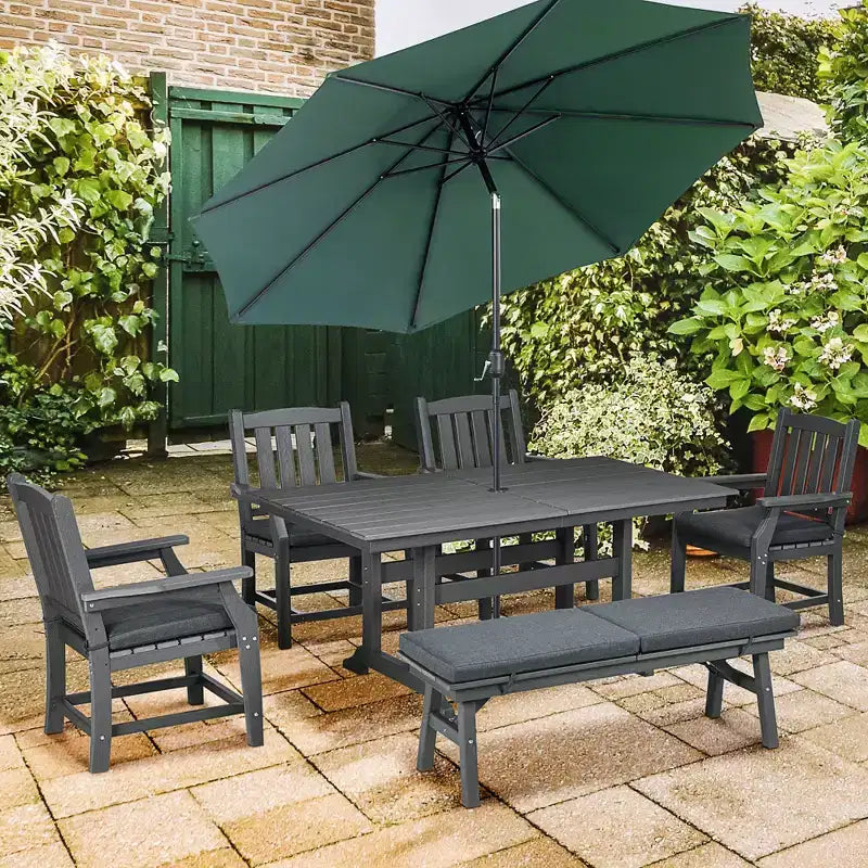 Ensemble de salle à manger extérieur Outsunny, table et chaises de patio pour 6 personnes, mobilier de conversation avec accoudoirs, banc deux places, trou pour parasol, coussins