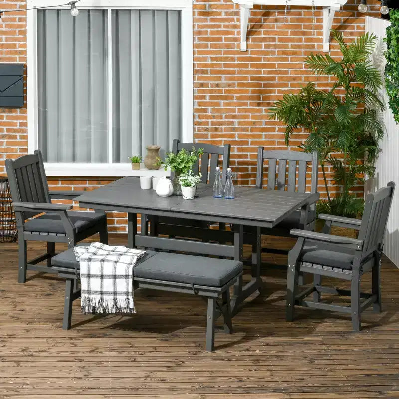 Ensemble de salle à manger extérieur Outsunny, table et chaises de patio pour 6 personnes, mobilier de conversation avec accoudoirs, banc deux places, trou pour parasol, coussins