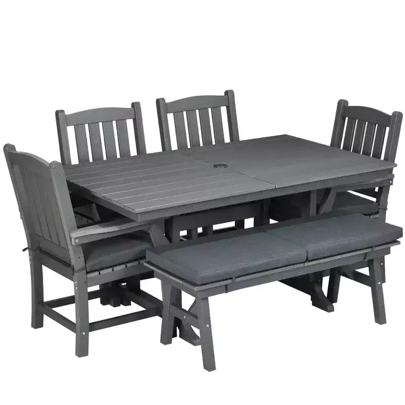 Ensemble de salle à manger extérieur Outsunny, table et chaises de patio pour 6 personnes, mobilier de conversation avec accoudoirs, banc deux places, trou pour parasol, coussins