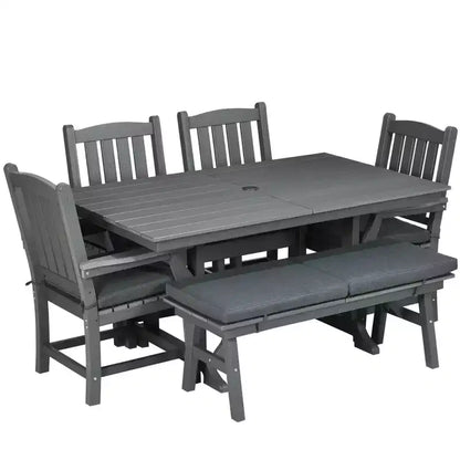 Ensemble de salle à manger extérieur Outsunny, table et chaises de patio pour 6 personnes, mobilier de conversation avec accoudoirs, banc deux places, trou pour parasol, coussins