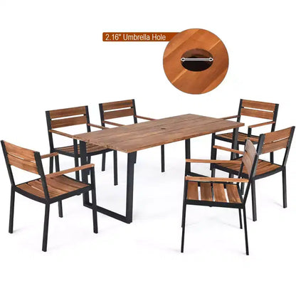 Costway Ensemble table et chaises de jardin 7 pièces en bois d'acacia breveté avec trou pour parasol