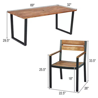 Costway Ensemble table et chaises de jardin 7 pièces en bois d'acacia breveté avec trou pour parasol