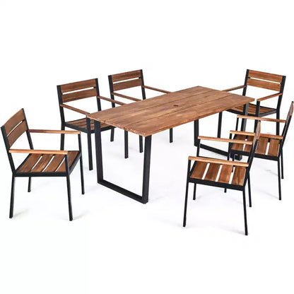 Costway Ensemble table et chaises de jardin 7 pièces en bois d'acacia breveté avec trou pour parasol