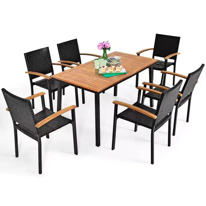 Costway Set da Pranzo da Giardino 7 Pezzi in Rattan, Tavolo con Piano in Legno di Acacia, Sedie Impilabili